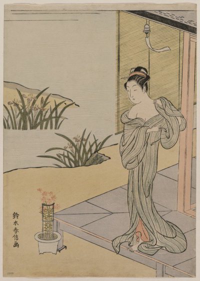 Young Woman Looking at a Pot of Pinks