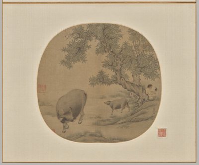 Man, Buffalo, and Calf
